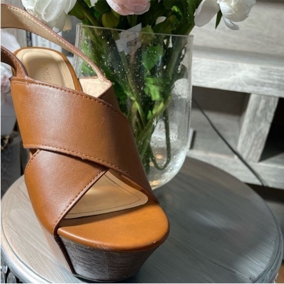 - “DAFF” COGNAC BAMBOO PLATFORM WEDGES OPEN TOE ANKLE STRAP WITH BUCKLE STRAPS 7 - Picture 5 of 9